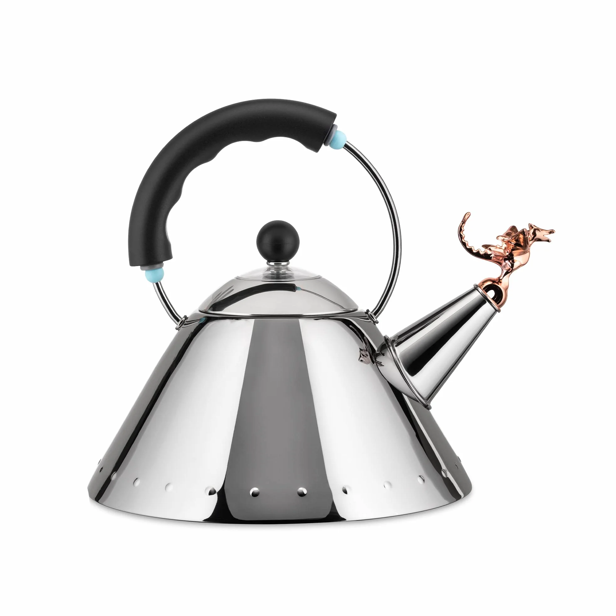 Alessi 9093REX B Tea Rex Wasserkessel - Edelstahl 18/10 glänzend poliert mit schwarzem Griff und Kupfer metallisierter Flöte in Form eines prähistorischen Reptil