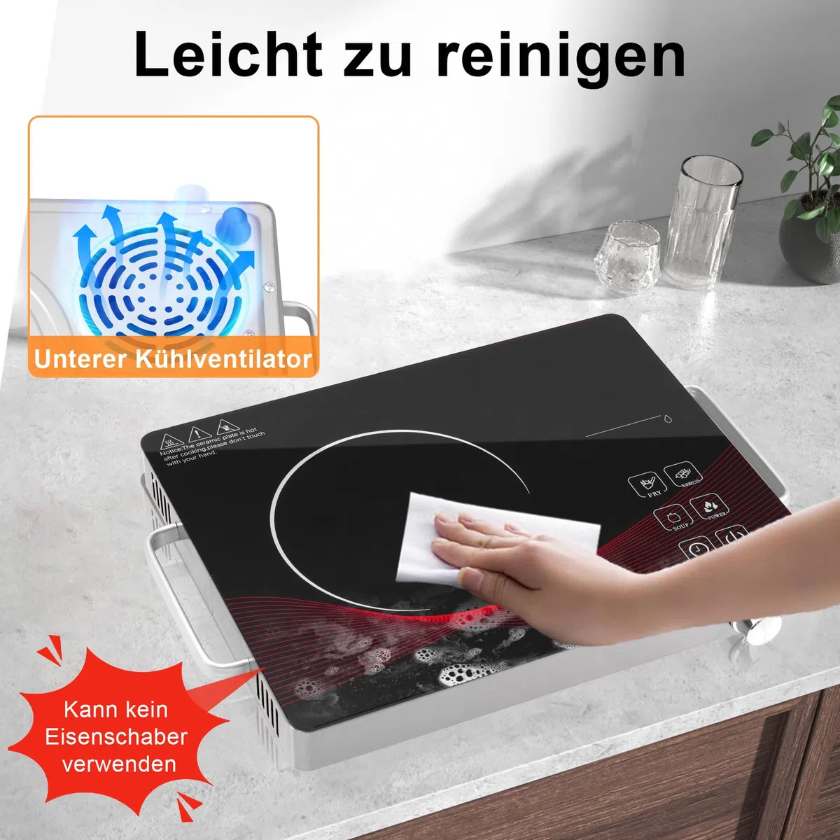 Glaskeramikkochfeld mit Stecker, 220V 3500W Tragbares Kochfeld mit Griff, Einzelbrenner Elektrokochfeld, Touch Steuerung Kochfelder mit 4 Modi, 0-180 Min Timer, Überhitzungsschutz