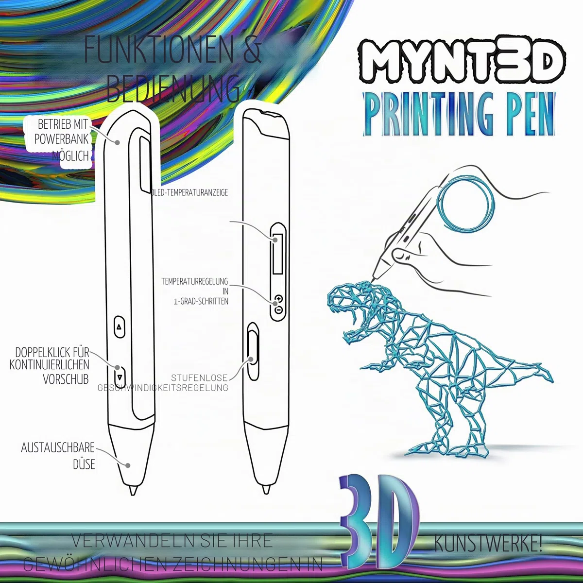MYNT3D Fachmann Drucken 3D Stift mit OLED Anzeige, Weiß