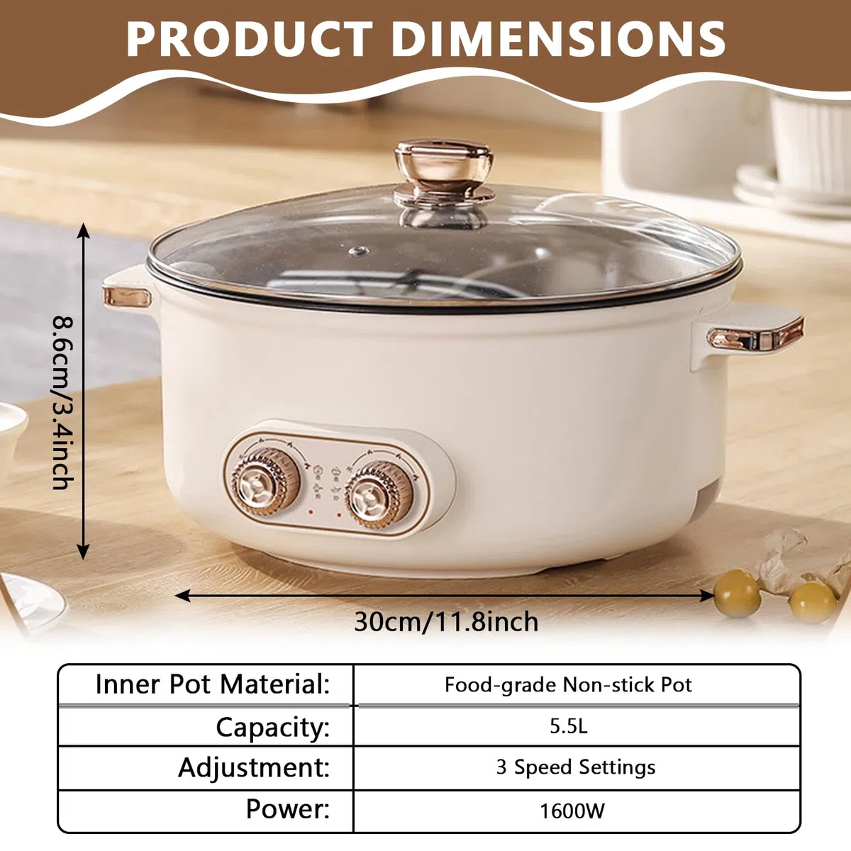 Hot Pot Elektrisch, 5.5L Doppelter Topf mit Zwei Reglern, 1600W Elektrischer Kochtopf mit Trennwand - 3 Speed Settings, Multifunktionale Hotpot für Braten Ramen Fondue und GemüSe Rühren