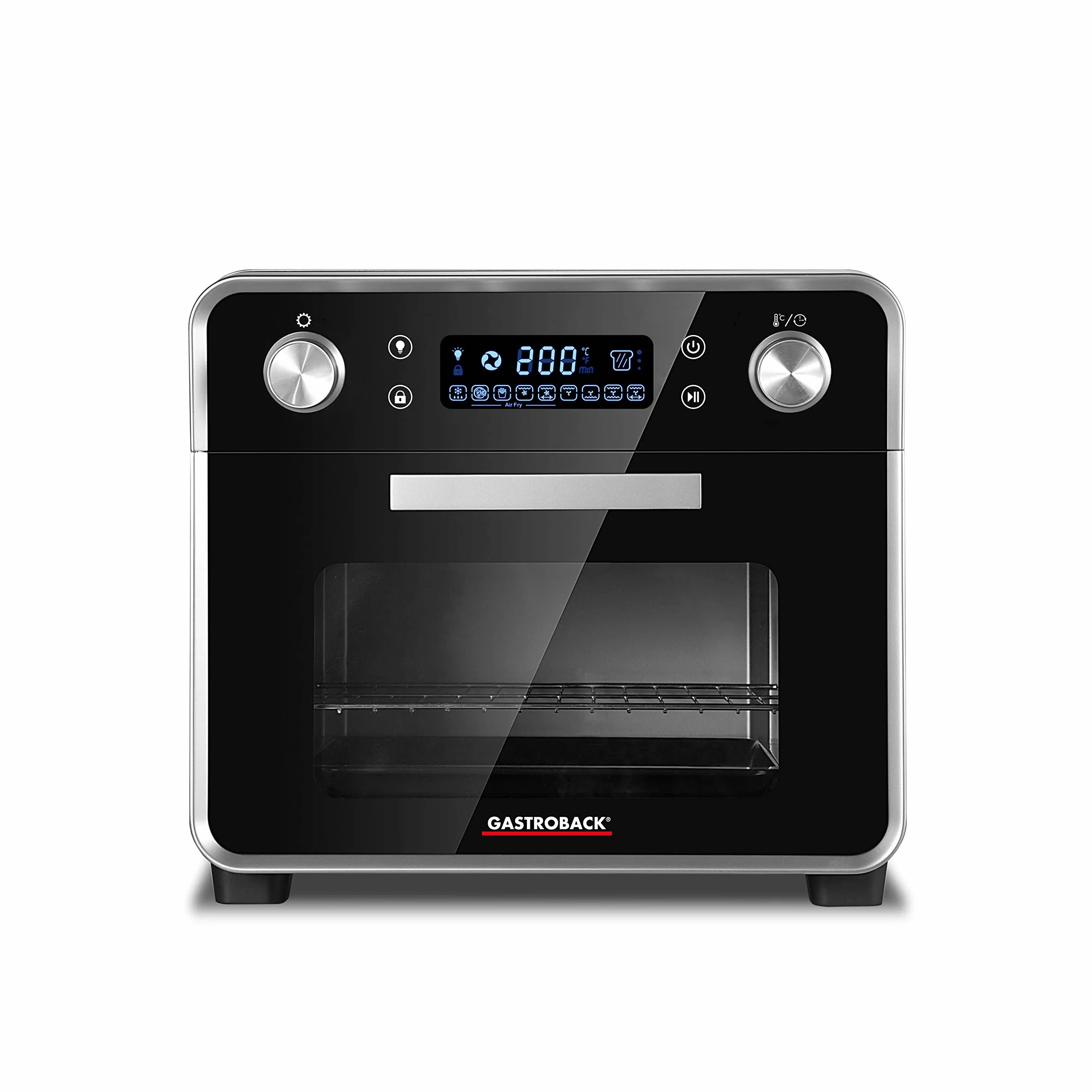 GASTROBACK #42815 Design Ofen Air Fry & Pizza, 1680 Watt, 5 IN 1: Pizzaofen, Heißluftfritteuse, Mini-Backofen, Grill-Drehspieß und Dörrgerät, 22 Liter Kapazität, 3 Einschubebenen
