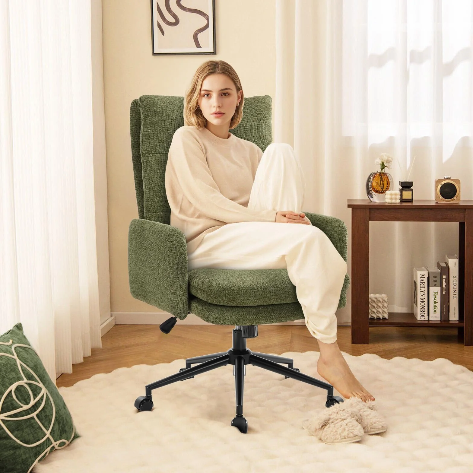 IWMH Schreibtischstuhl mit Hoher Rückenlehne,Bürostuhl Ergonomisch aus Kaschmir, Schminktisch Stuhl mit Armlehne, Drehstuhl Höhenverstellbarer Buero Wohnzimmer (Grün)