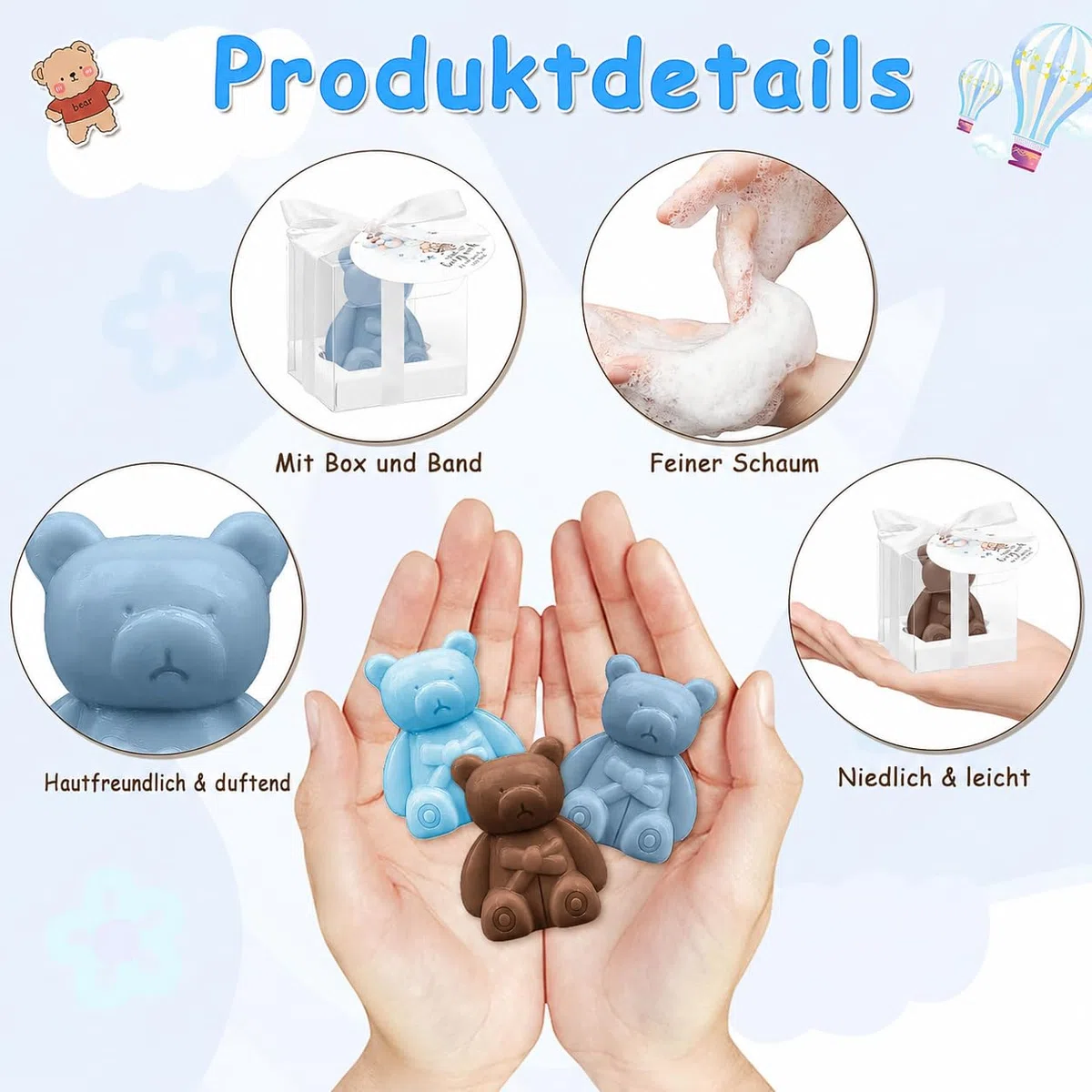 36 Stück Bären Seife Babyparty Gastgeschenke, Mini Baby Shower Bärenseife mit Geschenkbox Dankeskarten, Kleine Duftend Seife für Jungen Mädchen Gender Reveal Taufe Gäste Mitgebsel, Blau & Braun