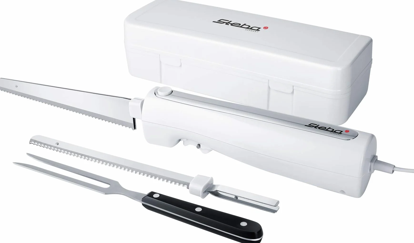 Steba EM 3 Elektromesser, ergonomisches Gehäuse | inkl. Universalmesser & Brotmesser, Aufbewahrungsbox, Edelstahl-Fleischgabel, komfortable Bedienung