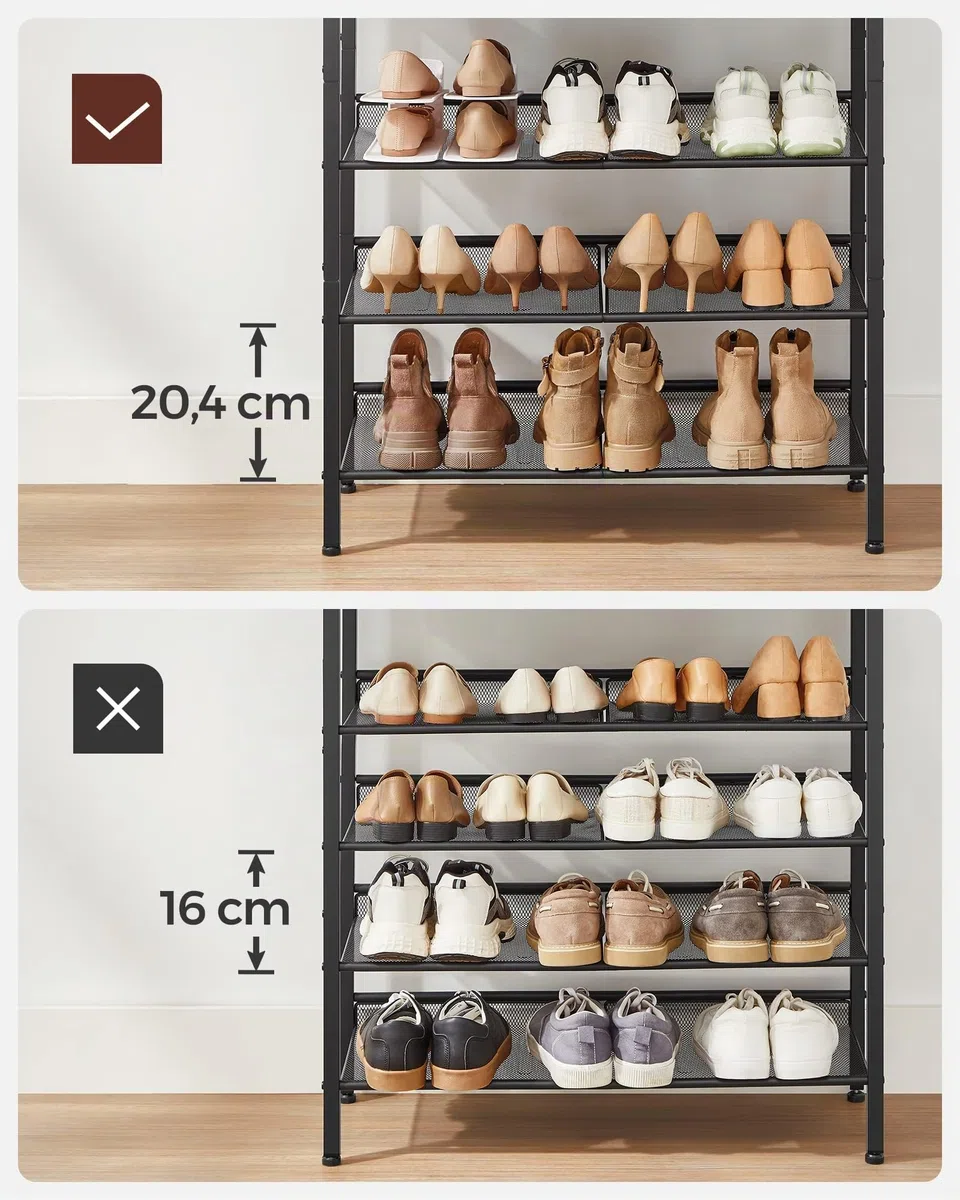 VASAGLE Schuhregal, Schuhablage, 5 Ebenen, große Oberfläche, verstellbare Gitterablagen, platzsparend für Eingangsbereich Flur, Metall, Industrie-Stil, vintagebraun-tintenschwarz LBS038B01