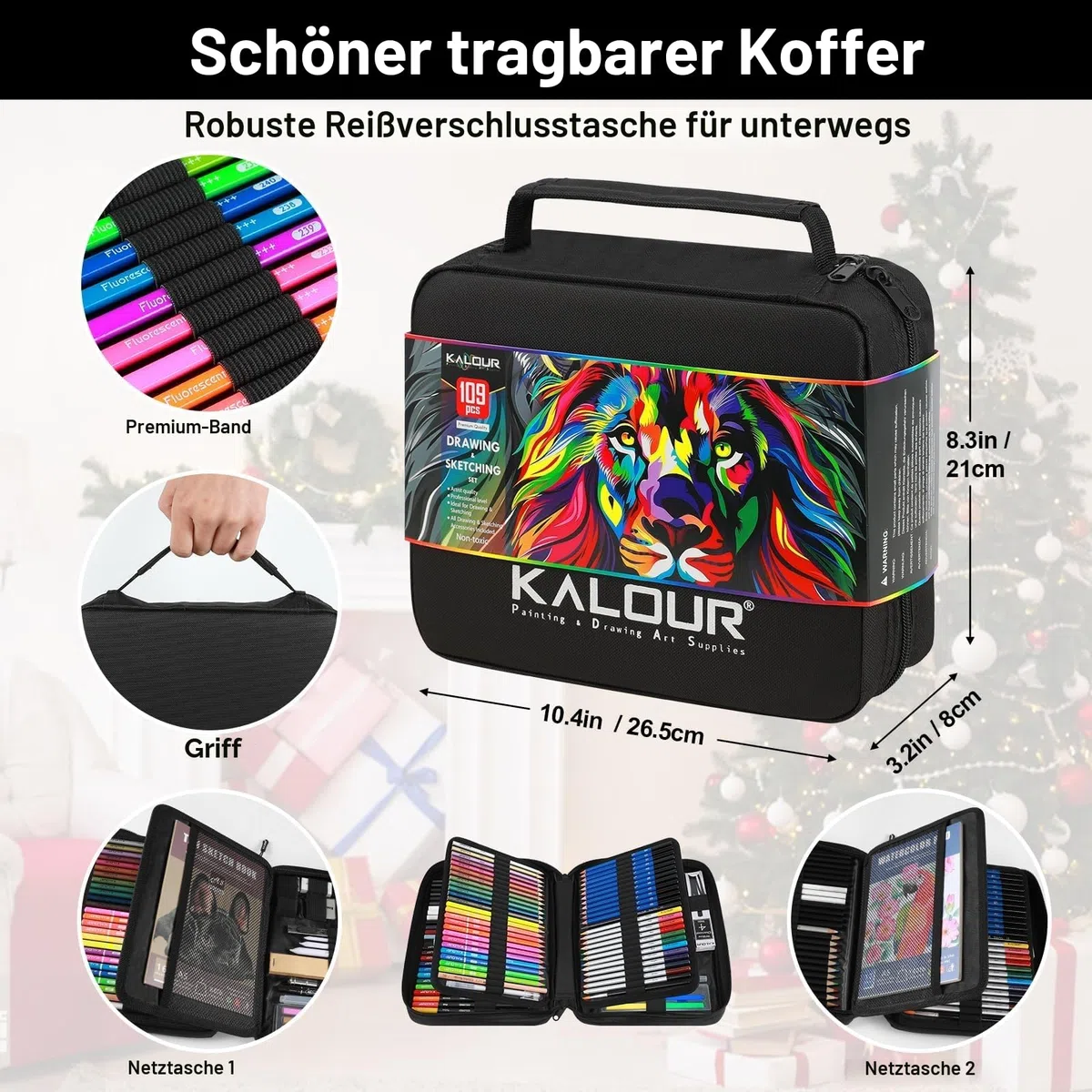KALOUR PDAS 109 Zeichen Set Skizzenset, Pro Kunstbedarf mit Neon-, Farbstiften, Aquarell-, Metallic-, Graphit- und Kohlepenseln, 6 Skizzenbüchern und Malbuch, Geschenk für Erwachsene, Teenager