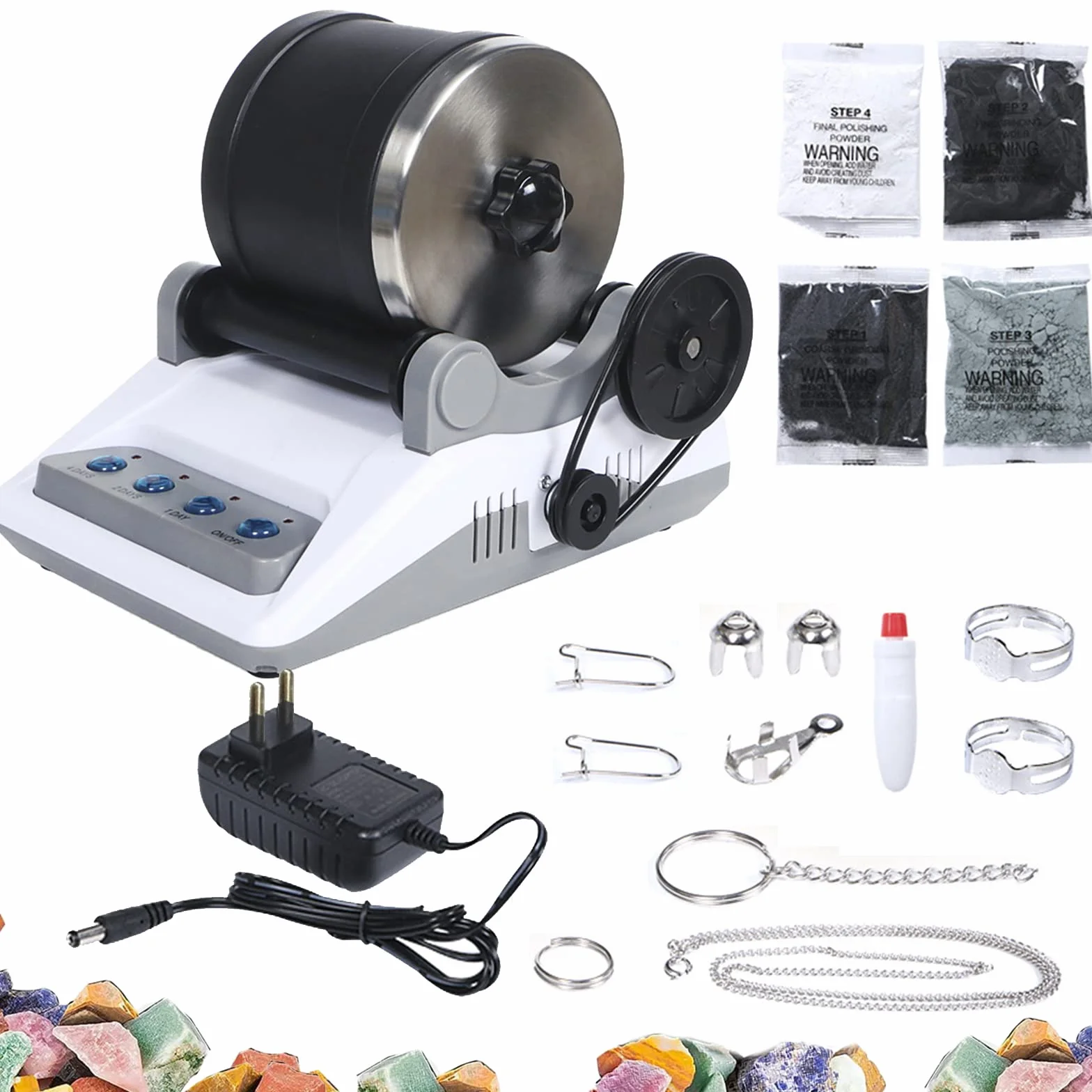 Rock Tumbler Kit, Professionelles Steinbecher Set Poliertrommel Steintrommel Steinschleifmaschine Rock Polisher 7 Tage Zeitmessung Funktion 4 Arten Polierpulver