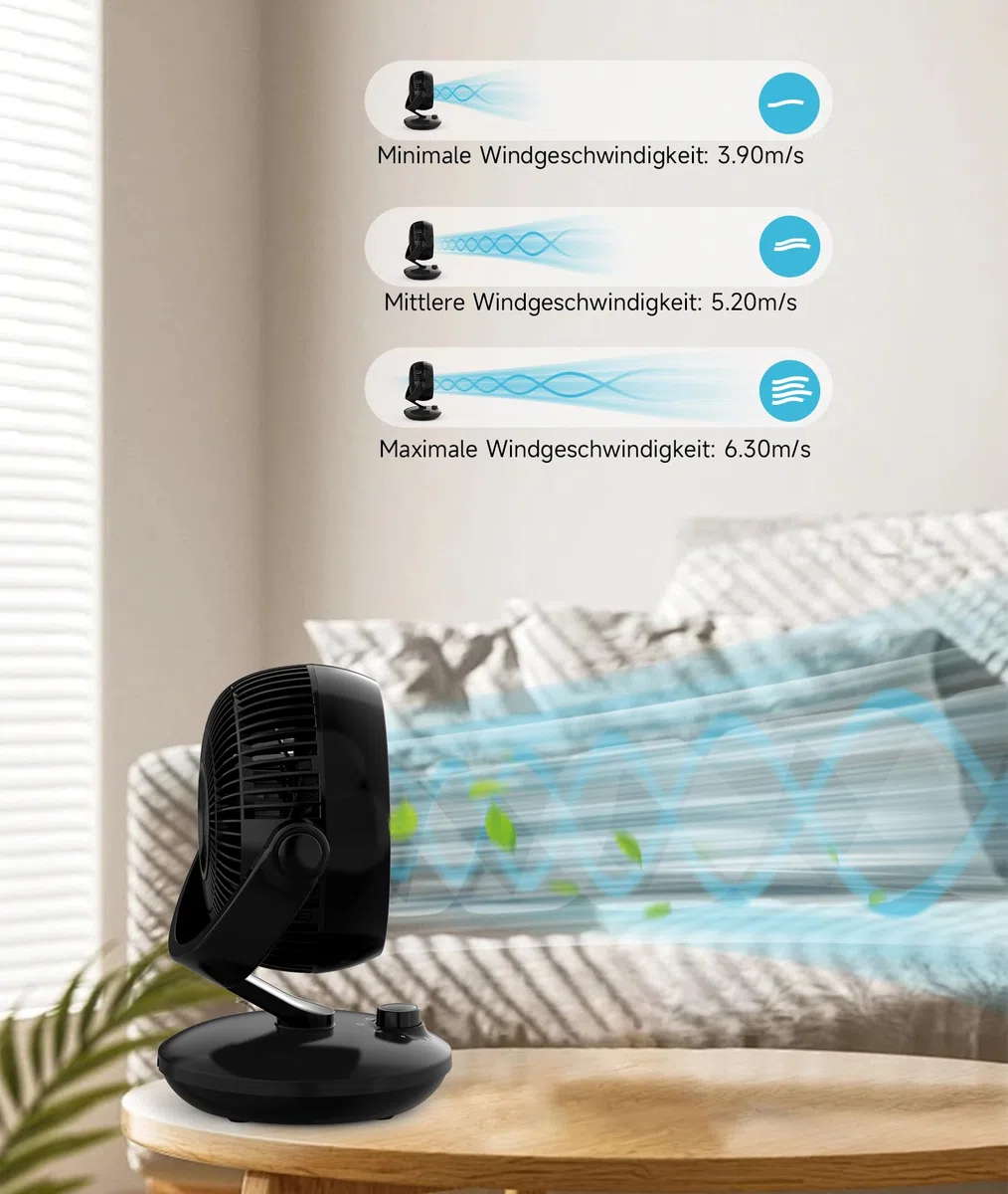 WOWDSGN Tischventilator 24dB 3D Turbo-Luftzirkulator 100° 80° Oszillation 3 Geschwindigkeitsstufen Schwarz