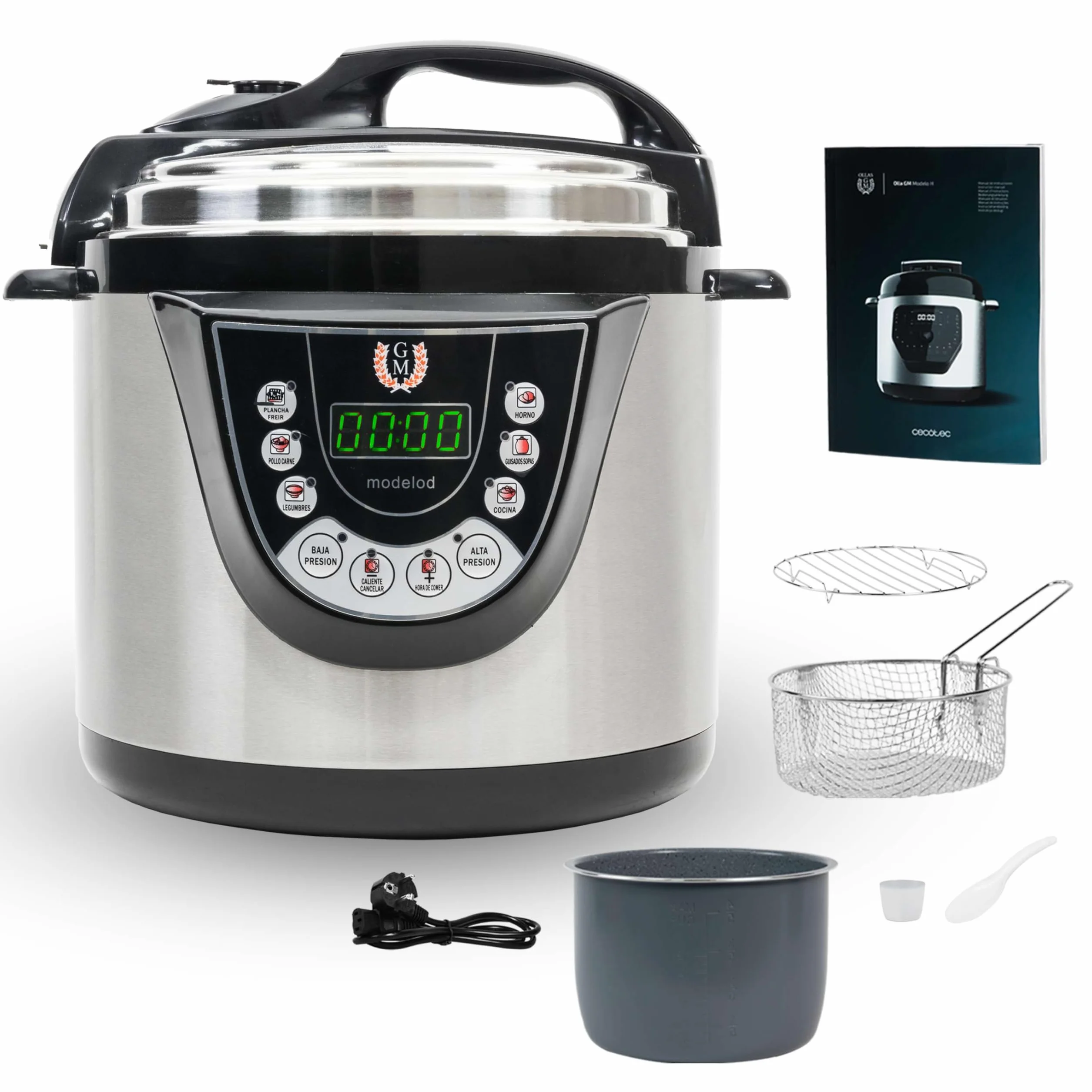 Cecotec Programmierbarer Kocher Modell D mit Brat- und Sprachfunktion. 24 Std. Schnellkochtopf mit 6 Liter Fassungvermögen, 9 Kochmenüs und 2 Druckstufen, Ideal für 12 Personen