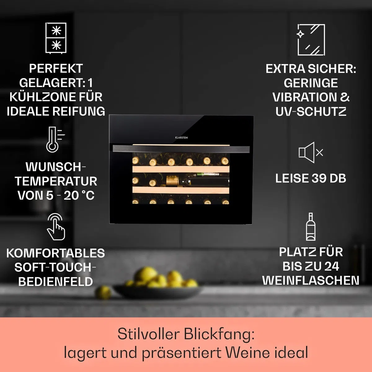Klarstein Einbau-Weinkühlschrank, 1 Zonen Getränkekühlschrank Klein, Kleiner Weinschrank 51L, Wein-Kühlschrank Klein mit Glastür, Indoor/Outdoor Flaschenkühlschrank, Wine Fridge 24 Flaschen