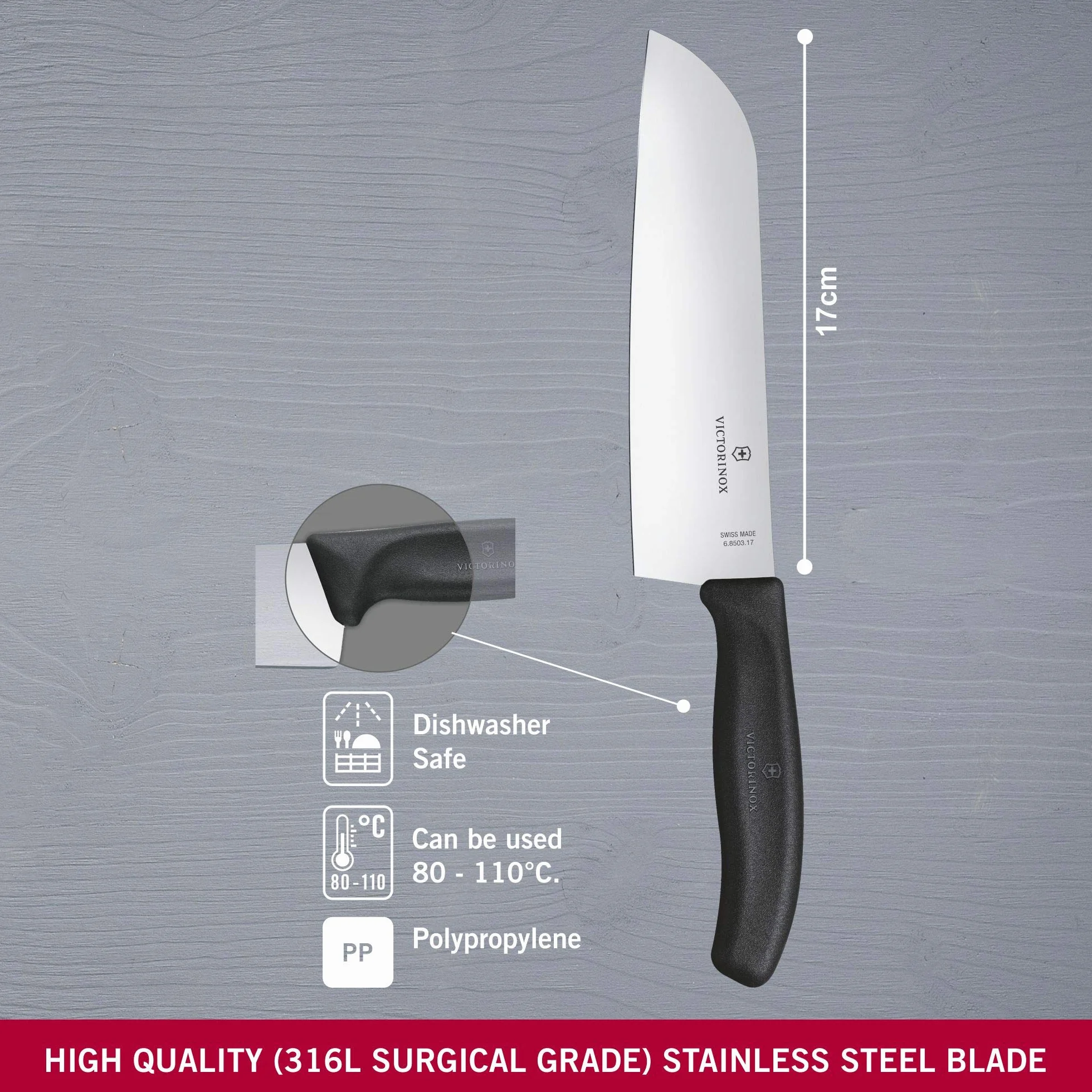Victorinox Swiss Classic, Santokumesser, Küchenmesser, Gerader Schliff, Extra Scharfe Klinge, Spülmaschinengeeignet, Rostfreier Stahl, Schwarz