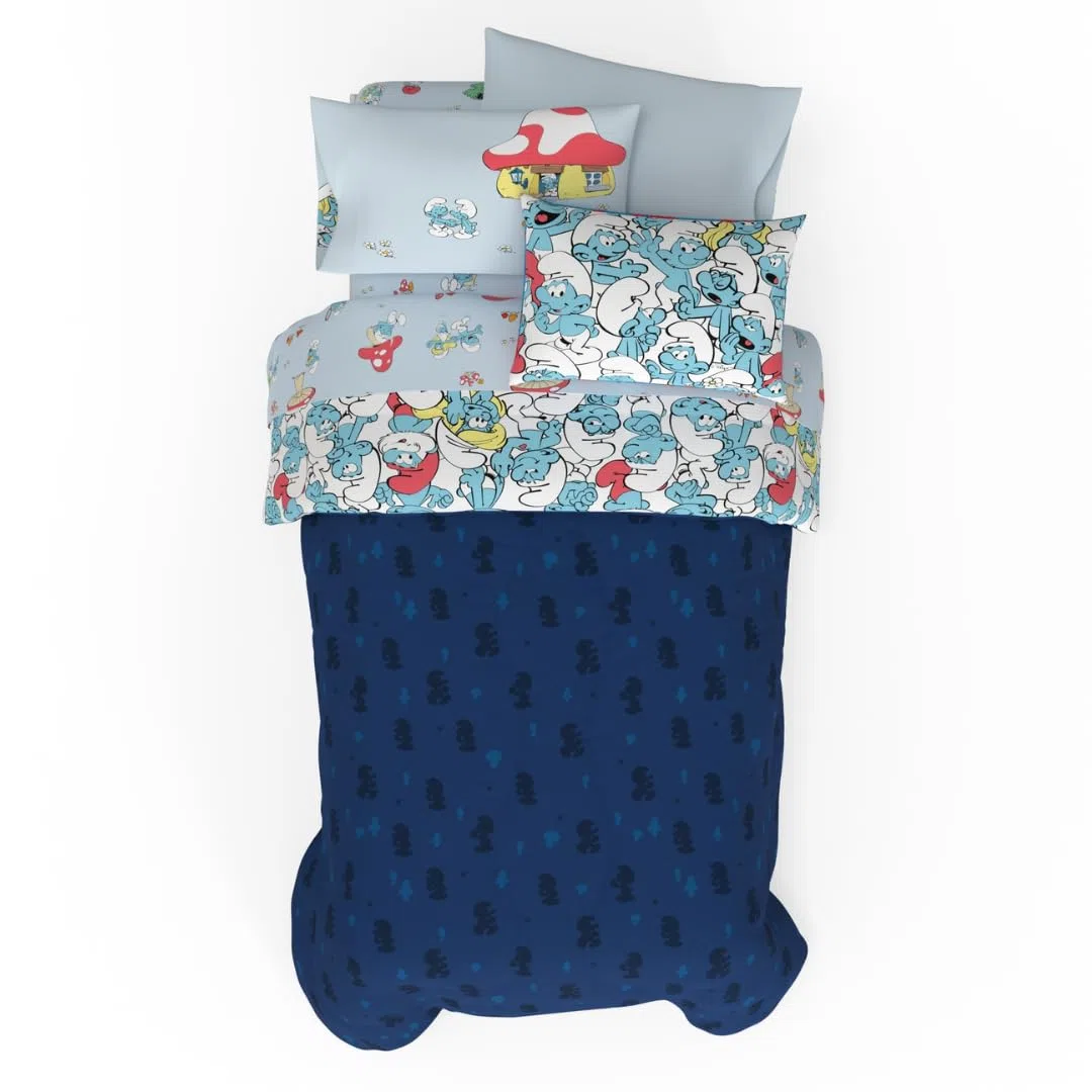 Franco The Smurfs Kinder-Bettwäsche-Set, superweich und gemütlich, wendbar, Mikrofaser, mit Kissenbezug, 5-teiliges Doppelbett, offizielles Lizenzprodukt