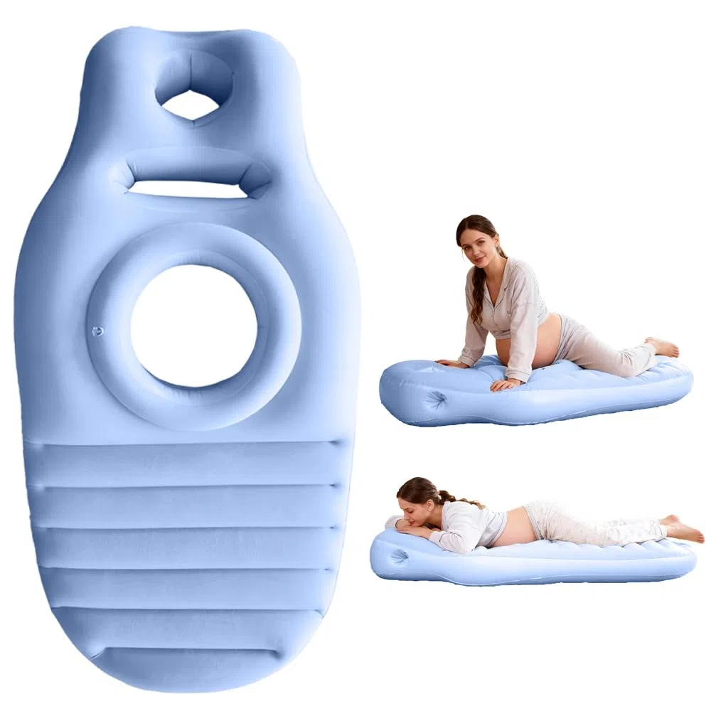 Aufblasbares Schwangerschaftskissen, Yogamatte für Schwangere mit Loch, Tragbares Kissen zum Schlafen, Beflocktes PVC Luftbett (Blau)
