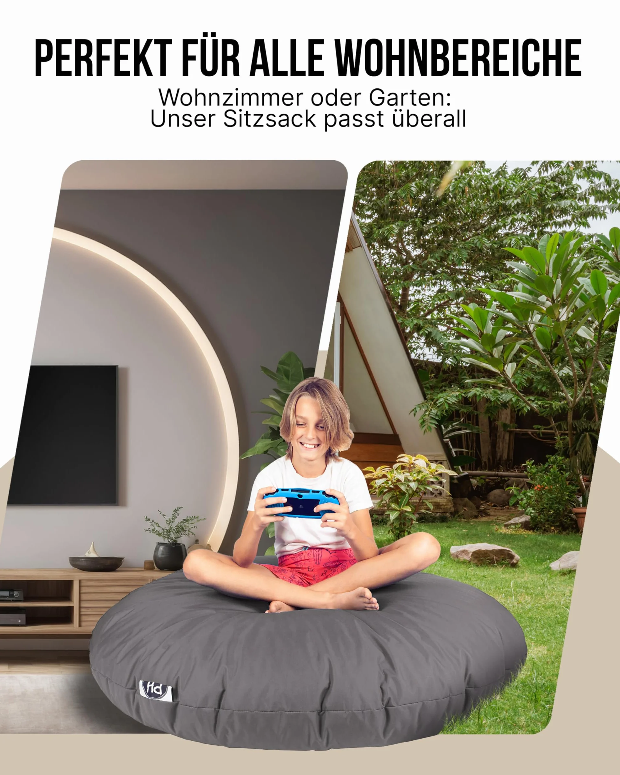 PATCH HOME 2 in 1 Funktion Sitzsack Sessel Bean Bag Sitzsäcke Gaming mit Reißverschluss bereits befüllt - Ø 125cm -Anthrazit