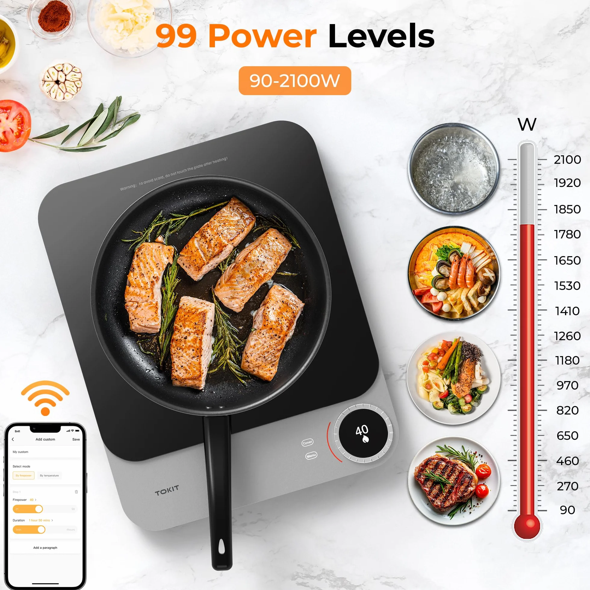 TOKIT Smart Induction Cooker Induktionskochfeld 2100W Einzel Induktionskochplatte tragbar 99 Leistungsstufe mit OLED Display, Timer, 20mm Ultradünn APP Kontrol Temperatursensor