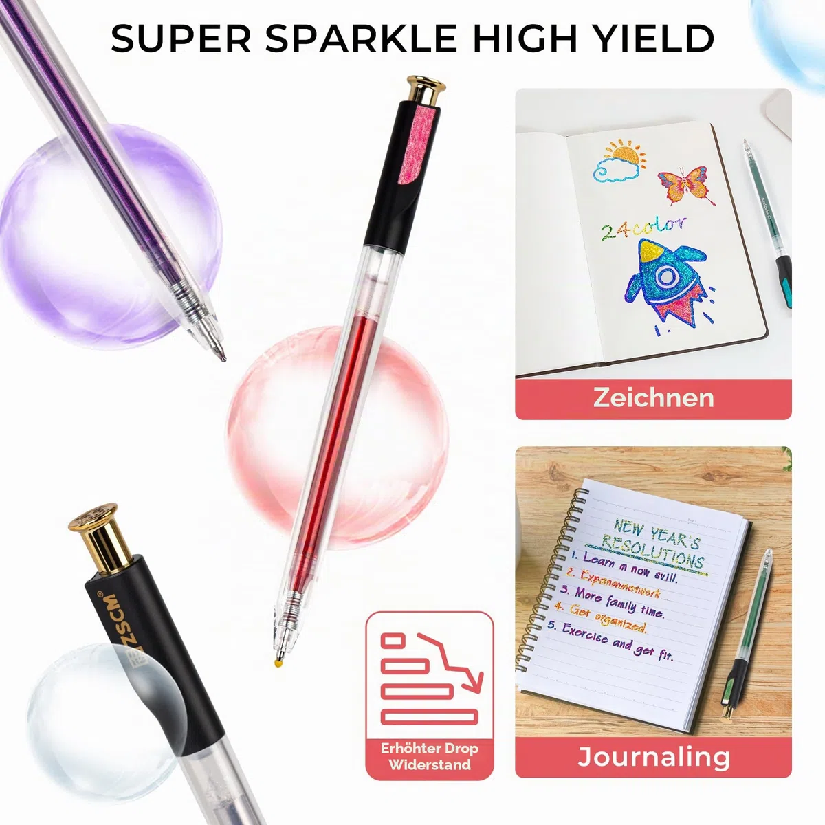 ZSCM Einziehbare Super-Glitzer-Gelstifte, 24 Farben, große Kapazität, metallisch, glitzernd, Gel-Tintenstifte, 1 mm feine Spitze, glattes Schreiben, Farbstift für Erwachsene, Malbuch, Notizen