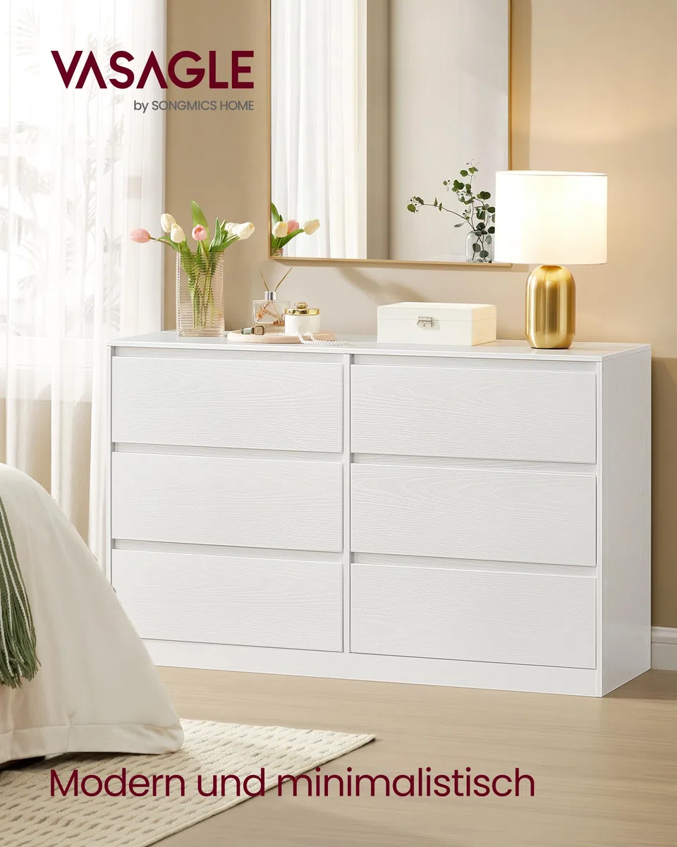 VASAGLE Kommode mit 6 Schubladen, Komodenschrank, Schubladenschrank, Wäschekommode, für Schlafzimmer, 40 x 119,4 x 75 cm, Modern Kailyn Kollektion, schneeweiß LTS616W01