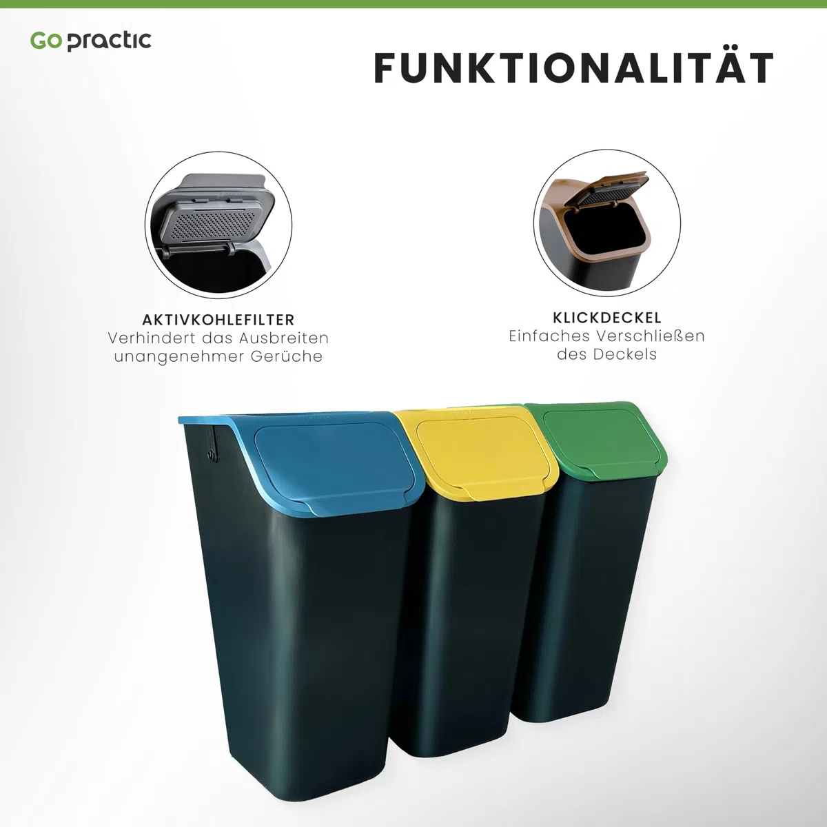 3-er Mülleimer-Set Küche Mülltrennsystem 3x Mülleimer 35l mit Deckel Stapelbar CLICK-Funktion, +filter