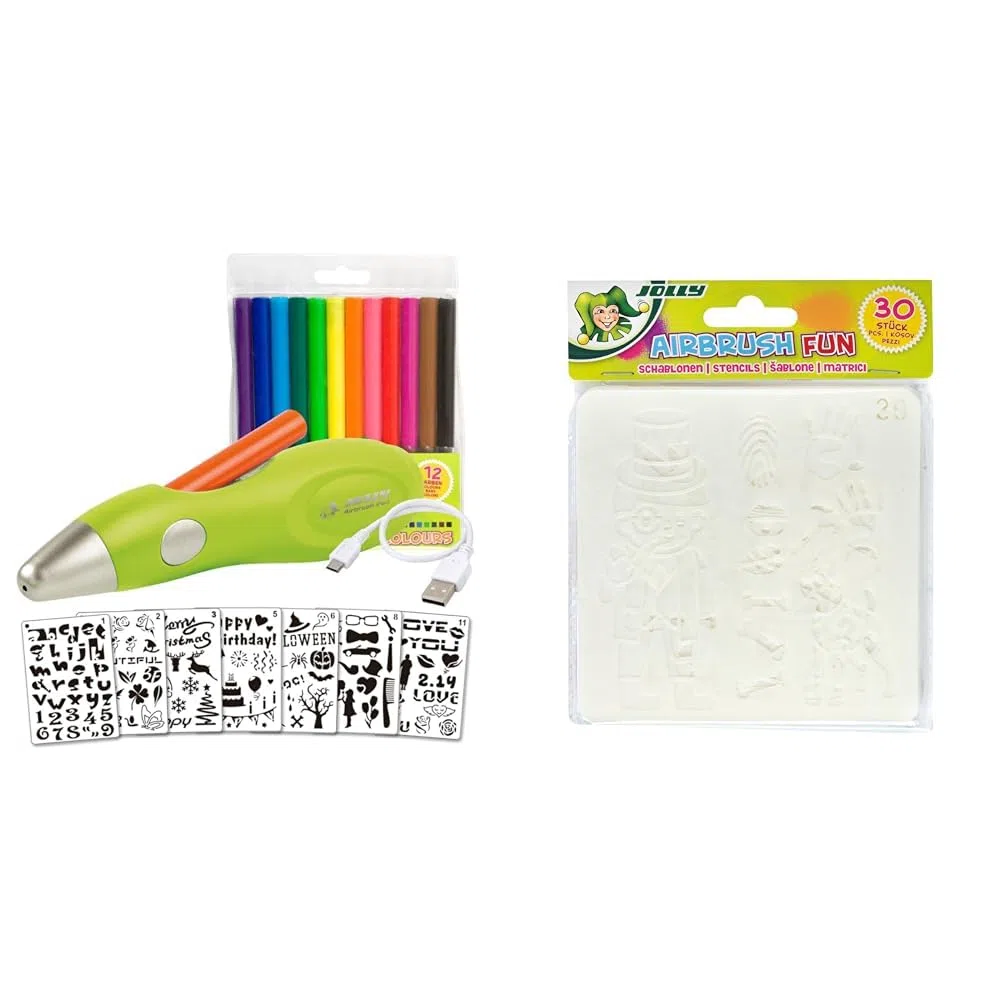 JOLLY Airbrush Fun | Farben sprühen für Kinder | Ungiftig (Airbrush), 20-teiliges Set, grün & 4446-0003 Airbrush Schablone, Kunststoff, Transparent, 30 Stück