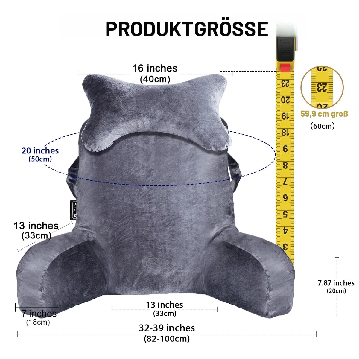 SLIGUY Lesekissen zum Sitzen im Bett Couch Erwachsene, Rückenkissen mit Taschen, Rückenkissen für Erwachsene Bettstuhl für Bettruhe, Lesen, Fernsehen, Gaming Dunkelgrau