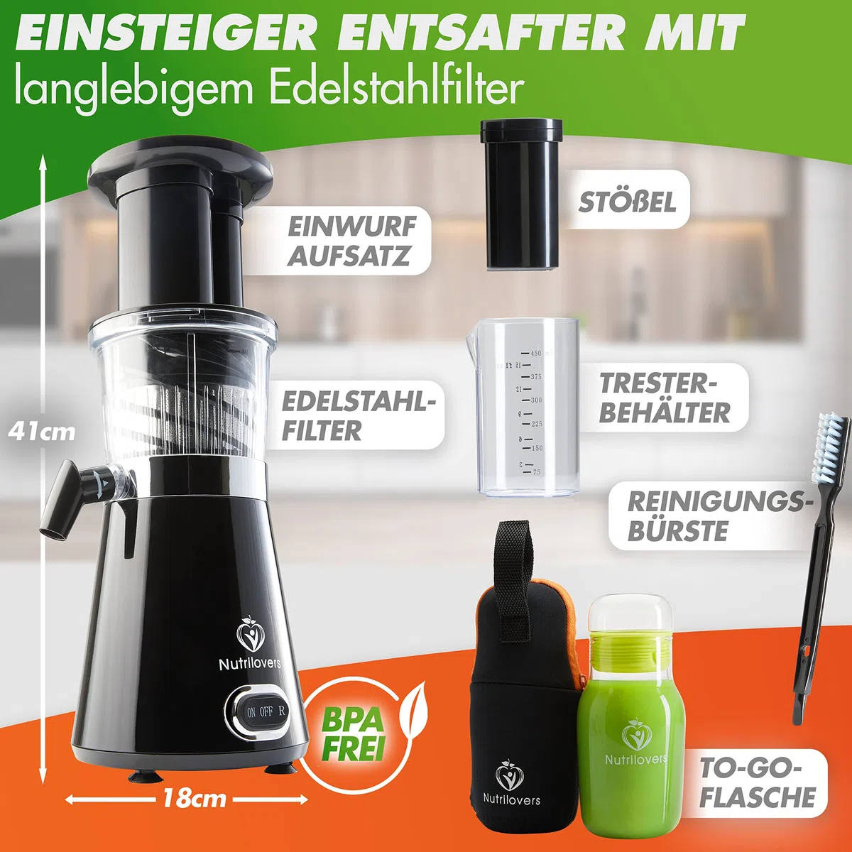 Nutrilovers Entsafter Slow Juicer NUTRI-PRESS Obst & Gemüse Entsafter - BPA-frei, 350 Watt, Sehr Leise, Ideal für Einsteiger Inkl. To Go Slow Juice Trinkflasche + Rezepte App