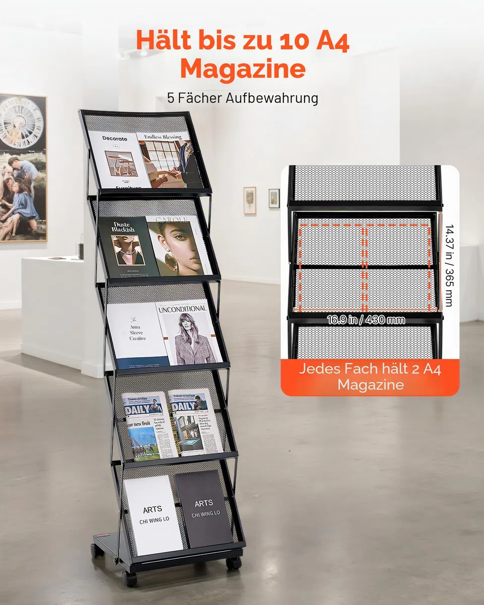 VEVOR faltbarer Prospektständer Zeitschriftenständer mit 5 Taschen, rollbarer Literaturständer Kataloghalter Schrägsteller, Buchständer Bodenaufsteller für Messe, Büroshows, Ausstellung
