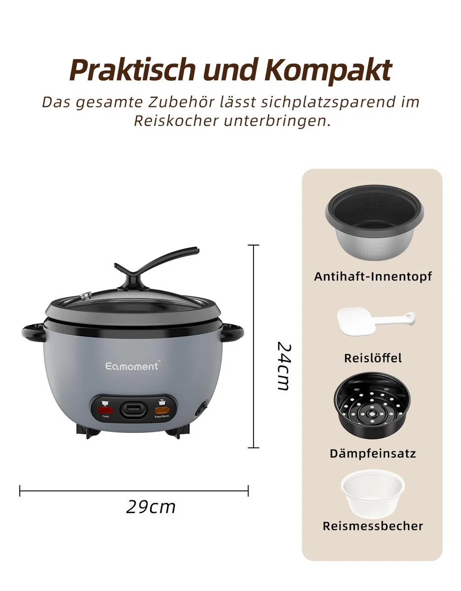 ERC-5P07SL 1L | 400W Reiskocher & Schwarzer Dämpfeinsatz Warm & Kochen 1-5 Personen Antihaft-abnehmbarer Topf, Messbecher Spatel, Aufstellbarer Knopf,Silber