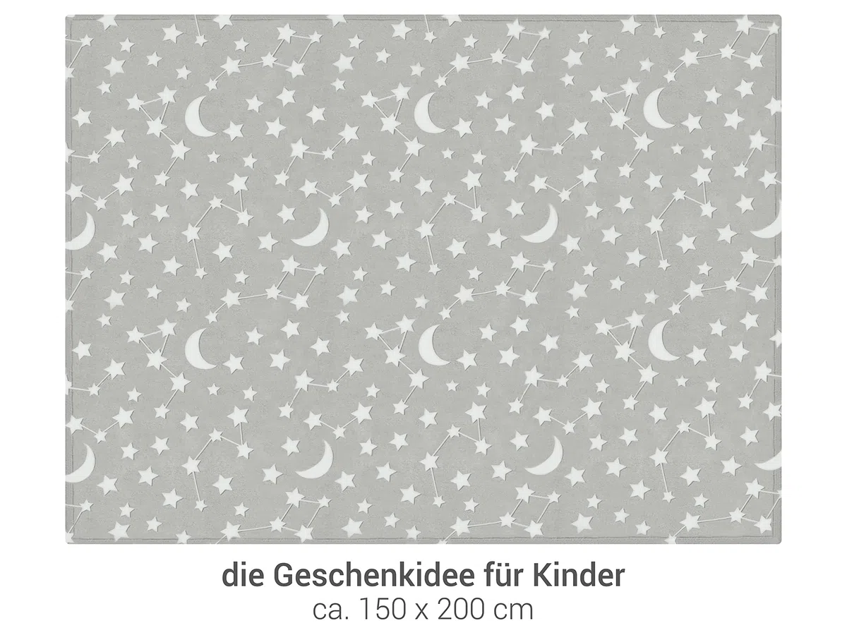 Kuscheldecke - leuchtet im Dunkeln - weich und flauschig 1261.1661, ca. 150 x 200 cm, Mond und Sterne grau