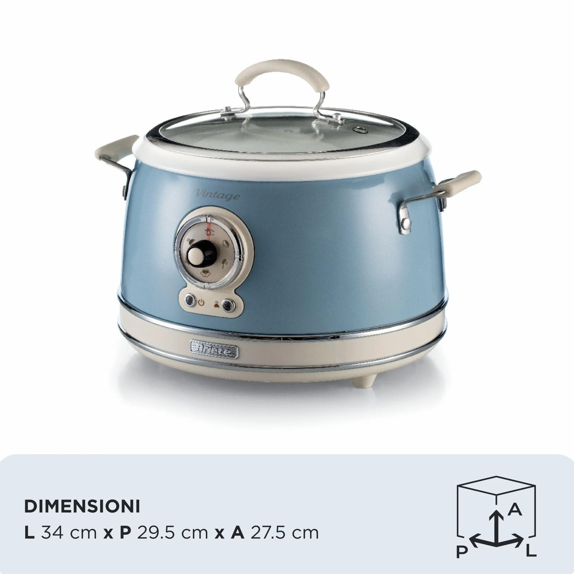 Ariete 2904 Vintage Rice Cooker, Reiskocher Slow Cooker, Dampfgarer, Vintage-Linie, 3,5 l, antihaftbeschichtete Keramikbeschichtung, 650 W, Pastellblau