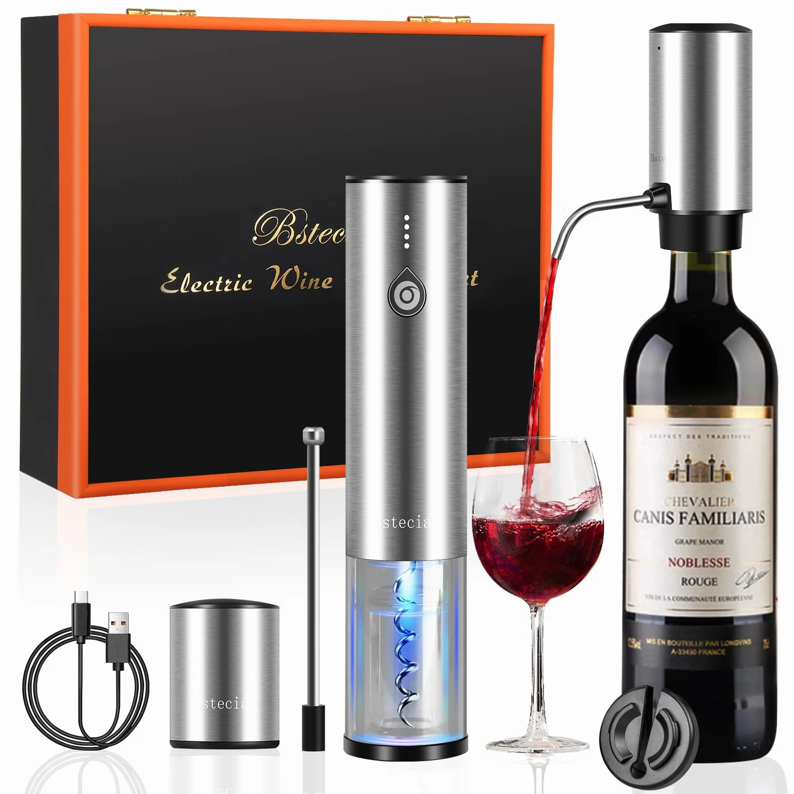 Elektrischer Weinkorkenzieher 4-in-1 Geschenkbox Set mit Automatischer Weindekanter & Weinöffner, Vakuumstopfen, Kapselschneider - USB-C Schnelladung für Weinliebhaber
