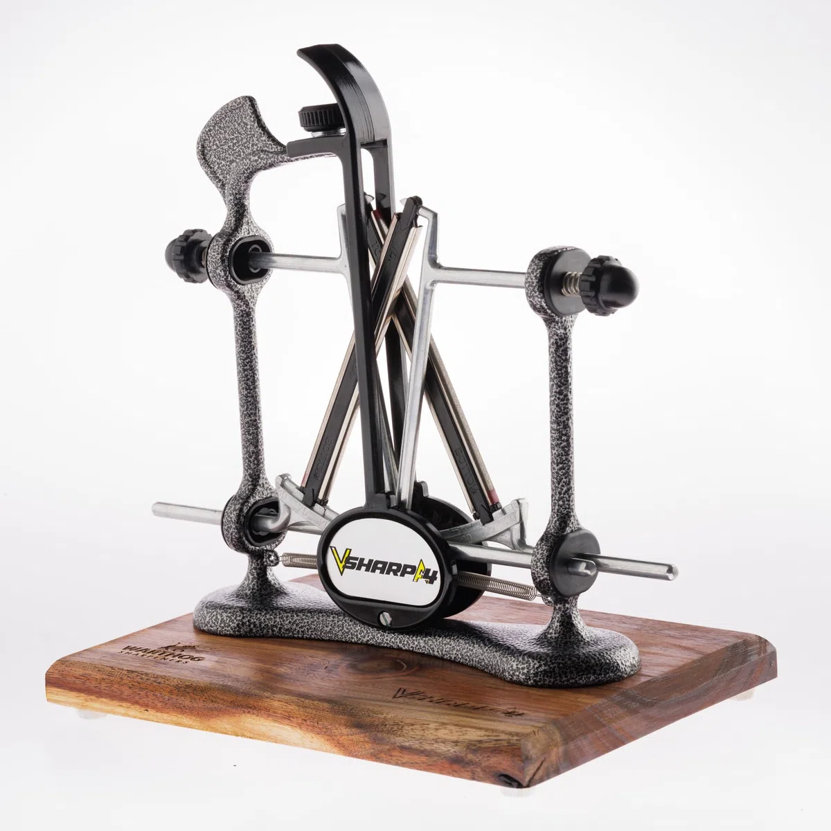 Warthog Sharpeners V-Sharp A4 ELITE Messerschärfer Anthrazit, mit 4 verschiedenen Schleifwinkel – hochwertigem Holzstandfuß - Messerschleifer für Jagdmesser, Küchenmesser, Schnitzmesser, uvm.