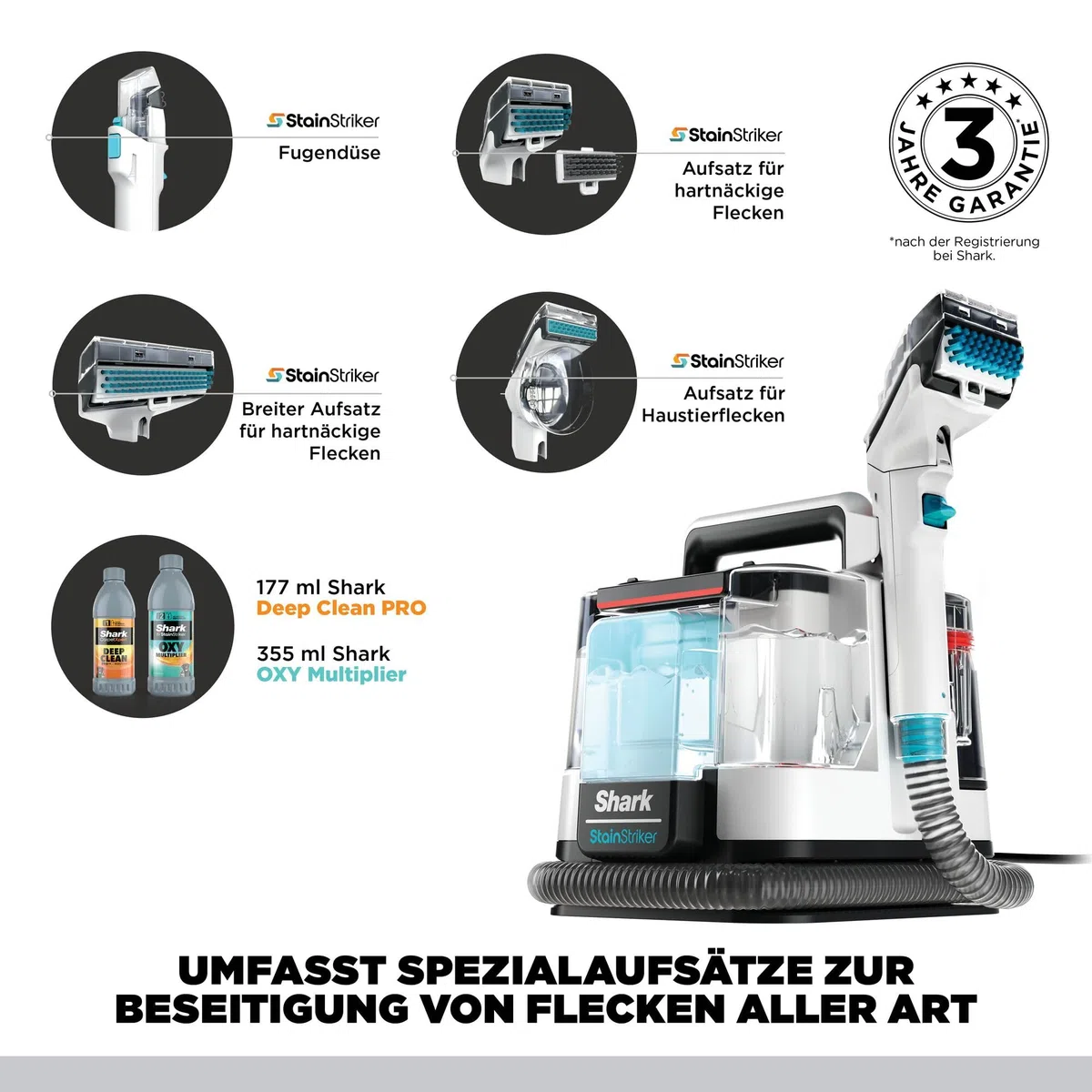 Shark StainStriker Fleckenreiniger mit 5 Aufsätzen, reinigt Teppich- und Polsterfasern, gegen Speisereste, Flüssigkeiten und Tiergeruch, leicht und tragbar, 450W, Weiß/Türkis, PX200EUT