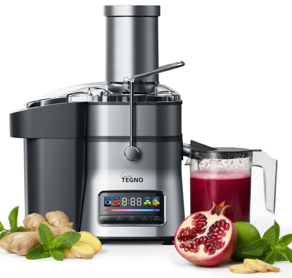 Super Juicer - Linea Tegno - Professioneller Edelstahl Entsafter - Entsafter für Obst und Gemüse - 1500W - Extra große Einfüllöffnung - 2,5L Fruchtfleischbehälter - 1L Saftbecher, LED-Farbdisplay