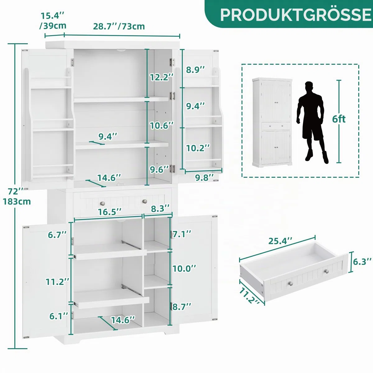 YITAHOME Küchenschrank, 182.5CM Hochschrank Küche Vorratsschrank, Buffetschrank mit Verstellbaren Ablagen, Esszimmerschrank mit Schubladen, für Wohnzimmer Küche