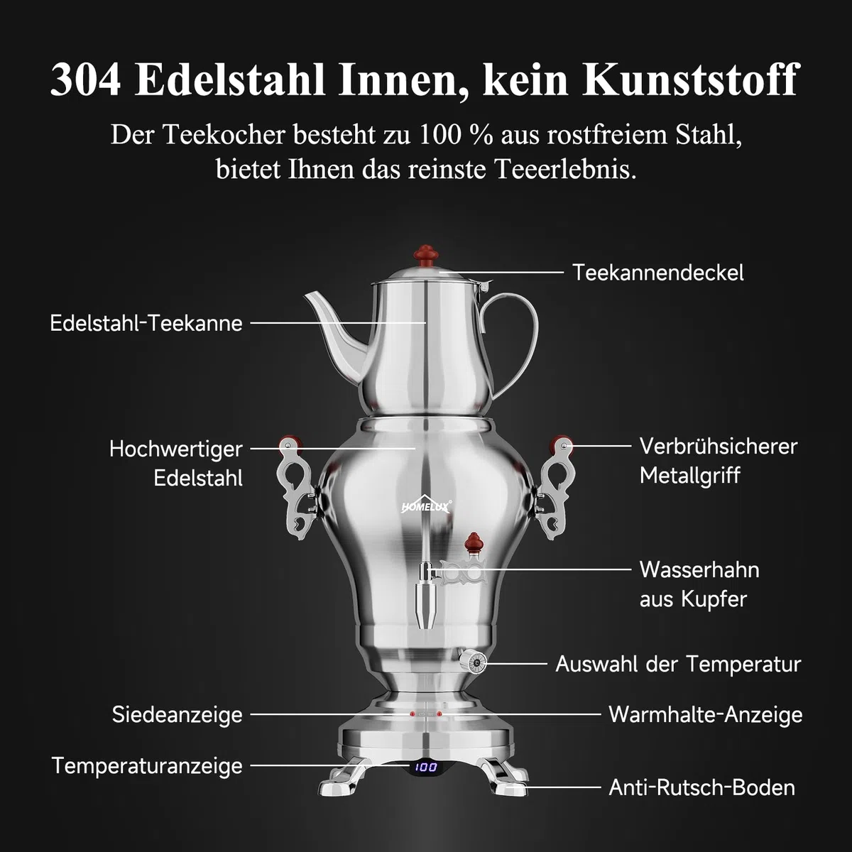 HOMELUX Elektrischer Samoware Edelstahl, 1850 Watt Teemaschine Wasserkocher 2.5L +1.2L Teekannen Set Großer Teekocher mit Warmhaltefunktion eingestellte Temperatur, Ablasshahn für Gastrobetriebe