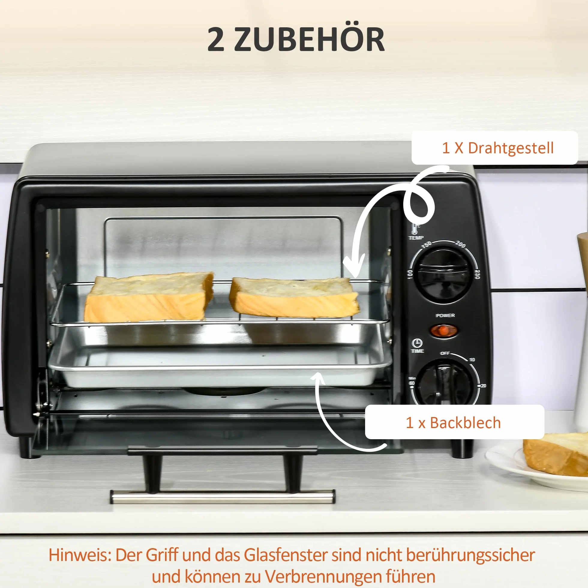 HOMCOM Mini Backofen 10 L 750W 100-230℃ 60 Min. Timer mit Backblech, Grillrost und Herausnehmbarer Bodenschale, Pizza-Ofen, Schwarz