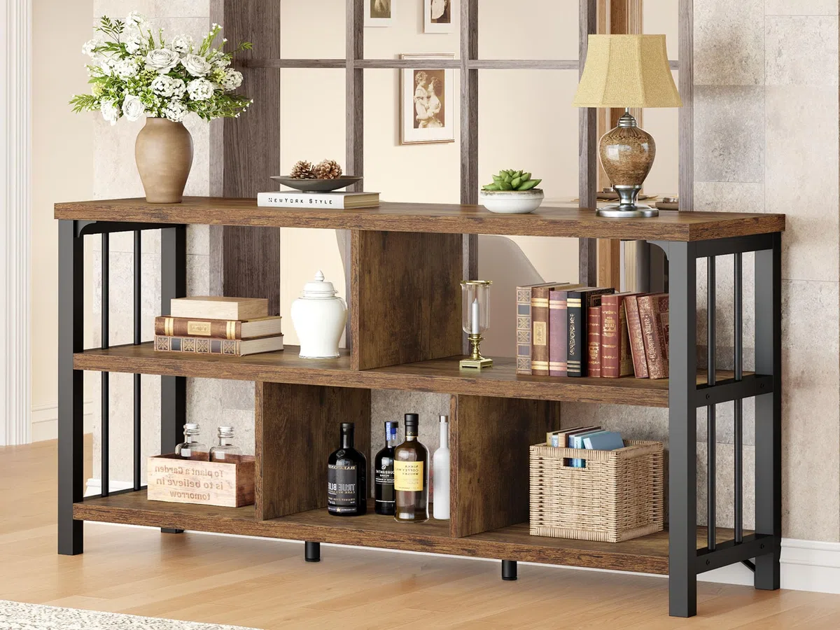 IBF Bücherregal 140 cm Wohnzimmerregal Standregal mit 5 Fächern Würfelregal als Büroregal aus Holz und Metall modernes Regal für Schlafzimmer in Rustikalem Braun