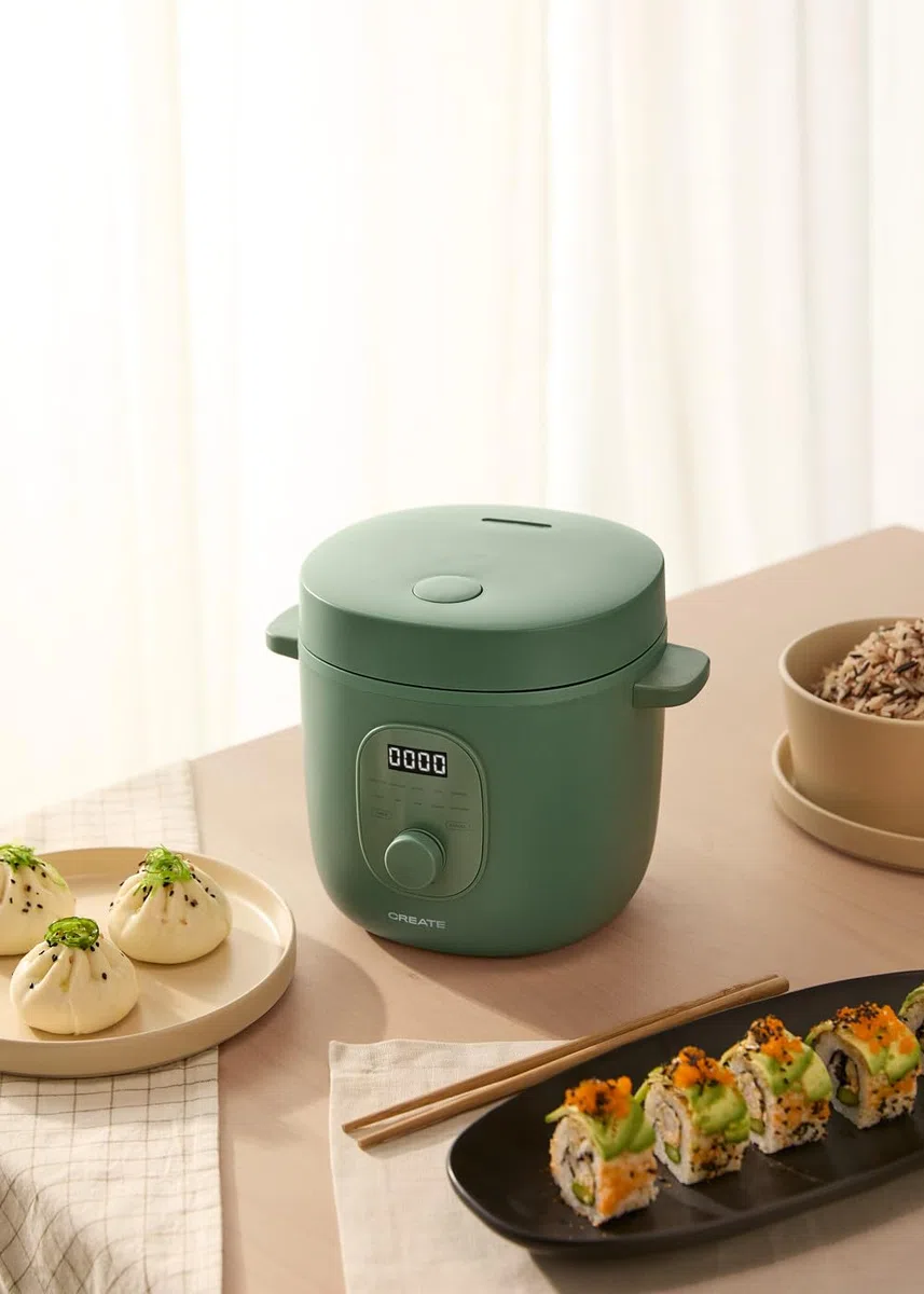 CREATE/RICE COOKER/Multifunktioneller Elektrischer Reiskocher 1.2L Salbeigrün/Programmierbar bis zu 24h, mit Dämpfeinsatz, bereitet Kuchen, Aufläufe oder Suppen zu, Warmhaltefunktion, 300W