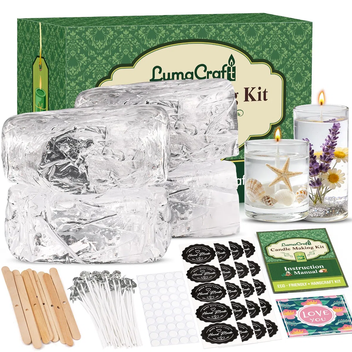 LumaCraft Klares Gelwachs zur Kerzenherstellung 2000g Transparentes Jelly Wachs mit 50 Dochten, 50 Dochtklebern & 10 Dochthaltern, Natürliches DIY Gelkerzen Zubehör
