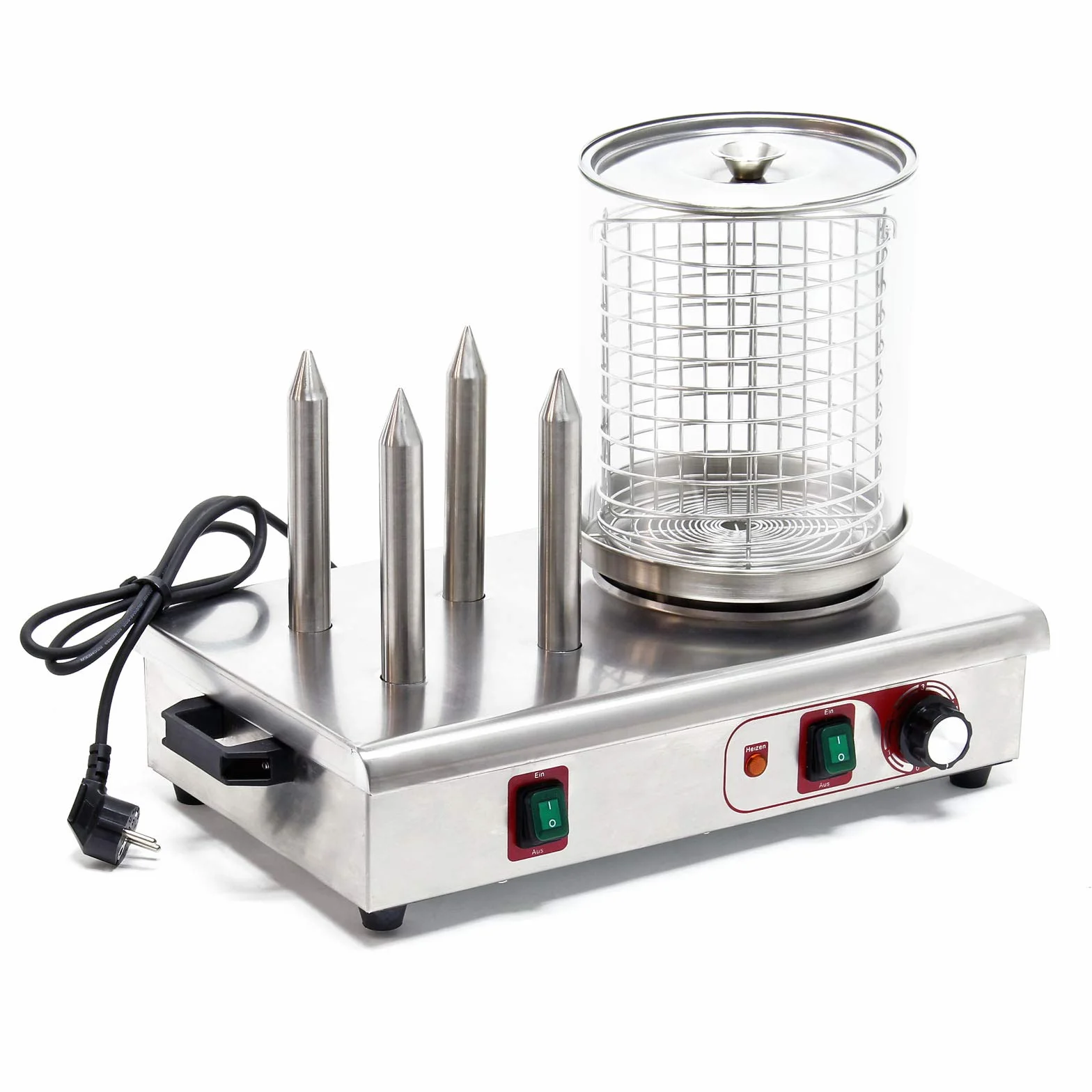 Wiltec Hot Dog Gerät 650 W aus Edelstahl mit 4 Heiz-Dornen, 475 x 290 x 380 mm, Wurstkocher Würstchenwärmer Hot Dog Maker Eierkocher Dämpfer